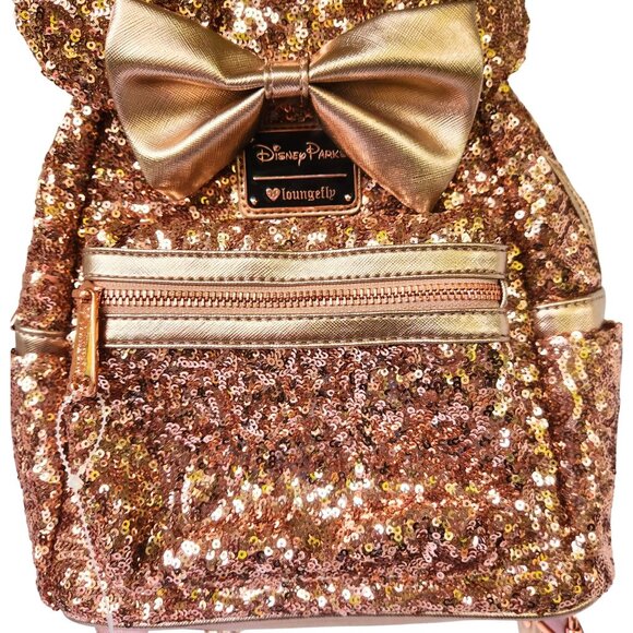 DISNEY PARKS Minnie Mouse Rose Gold Sequin Mini Backpack LOUNGEFLY - Picture 5 of 13